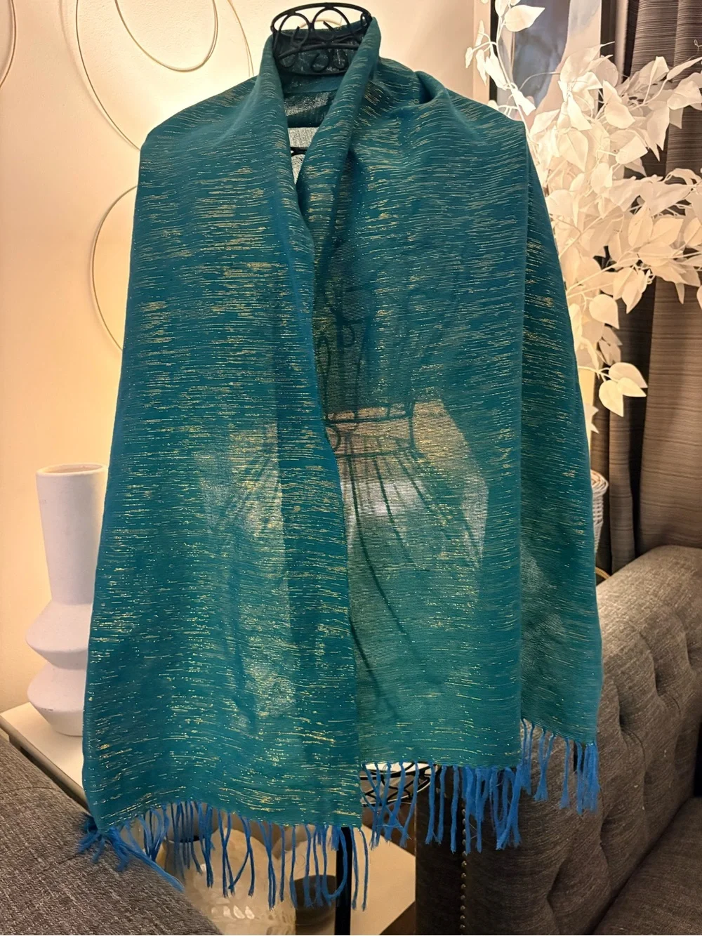 Textured Teal Woven Gold Metallic Thread Blue Fringe Wrap Scarf 21”x 65”